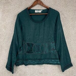 Vtg‎ Orvis Fairycore Ren Faire Blouse M Green Velvet Embroidered Whimsigoth Elf